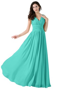 Blue Turquoise Elegant V-neck Sleeveless Zip up Floor Length Ruching Bridesmaid Dresses