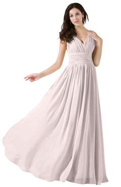 Light Pink Elegant V-neck Sleeveless Zip up Floor Length Ruching Bridesmaid Dresses
