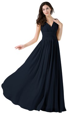ColsBM Alana Navy Blue Elegant V-neck Sleeveless Zip up Floor Length Ruching Bridesmaid Dresses