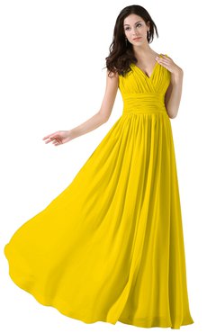 ColsBM Alana Yellow Elegant V-neck Sleeveless Zip up Floor Length Ruching Bridesmaid Dresses