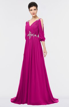 ColsBM Joyce Hot Pink Mature A-line V-neck Zip up Sweep Train Beaded Bridesmaid Dresses
